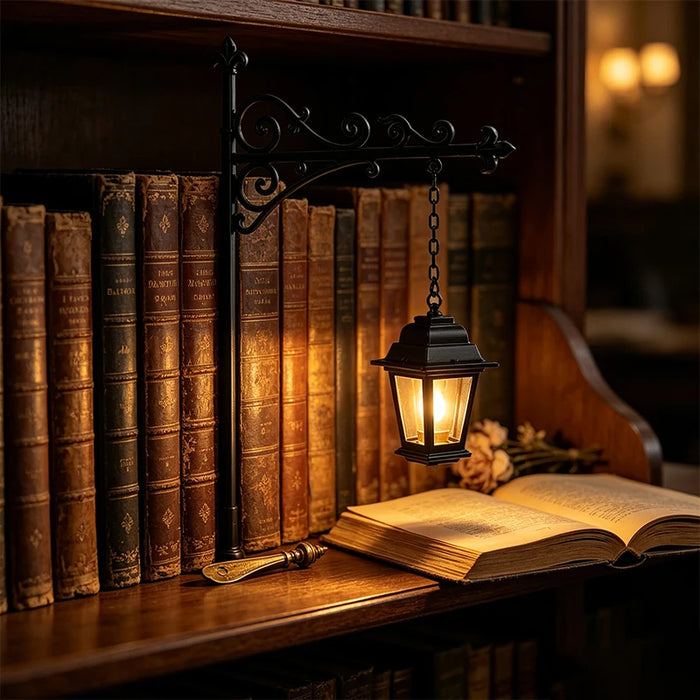 The Library Lantern glowing on a bookshelf