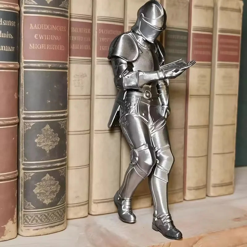 The Reading Knight leaning against a row of books